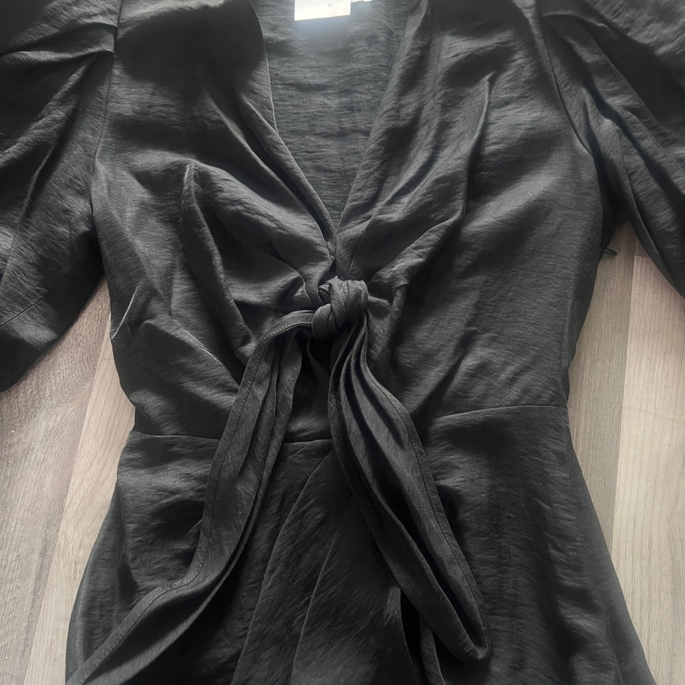 Sandro Black Midi Dress with Puff Sleeves and Tie Front